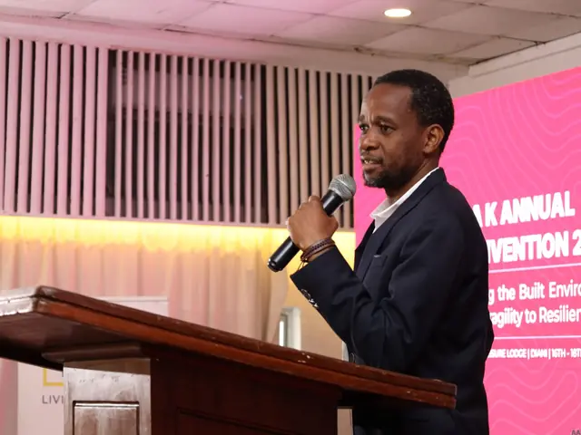 A speaker at the podium in front of the Convention 2026 banner