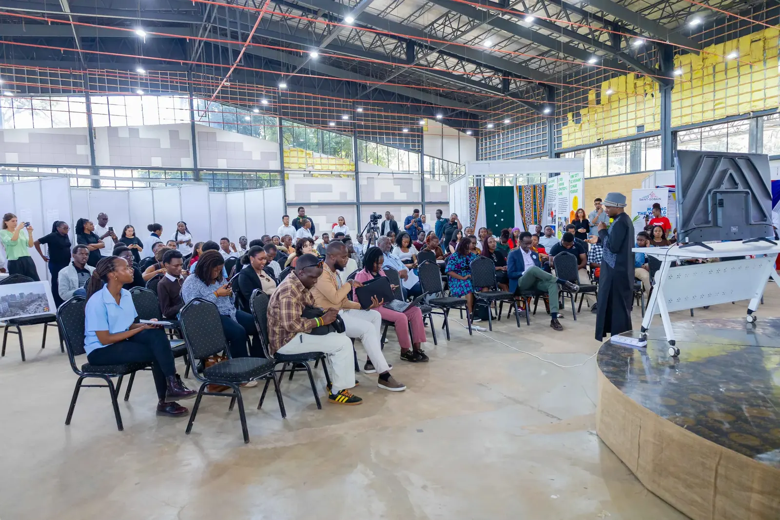A full audience for a talk in the exhibition hall at the Nairobi Biennale 2026