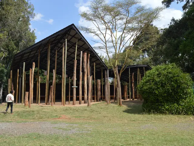 The pavilion's gable end among acacia trees